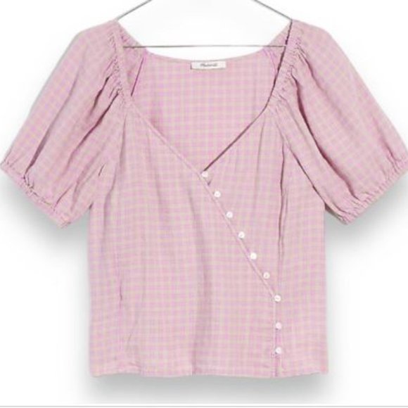 LAST DAY Madewell Purple Plaid Buttons Puff Sleeve Linen Blend Top NWT Size 2X - Picture 6 of 6